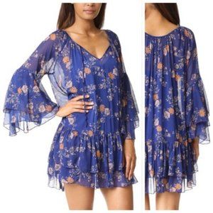 Free People Blue Floral Ruffle flowy romantic chiffon Dress XS oversized